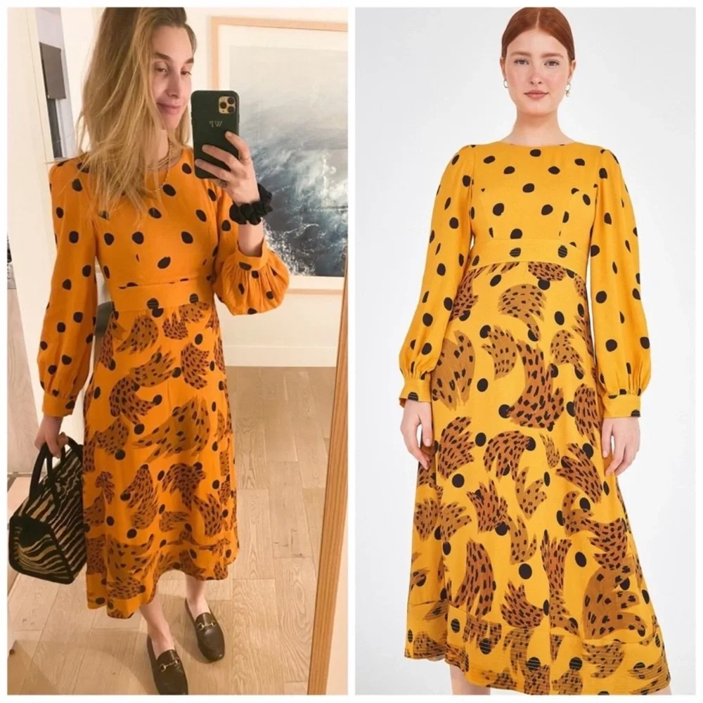 FARM RIO Caramel Banana Polka Dot Midi Dress